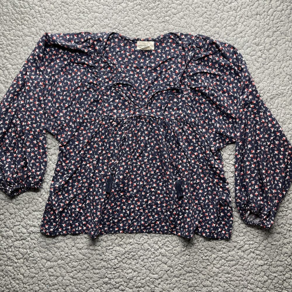 Denim and Supply Shirt Small Ralph Lauren Blue Floral Peasant Blouse Tie Tassels